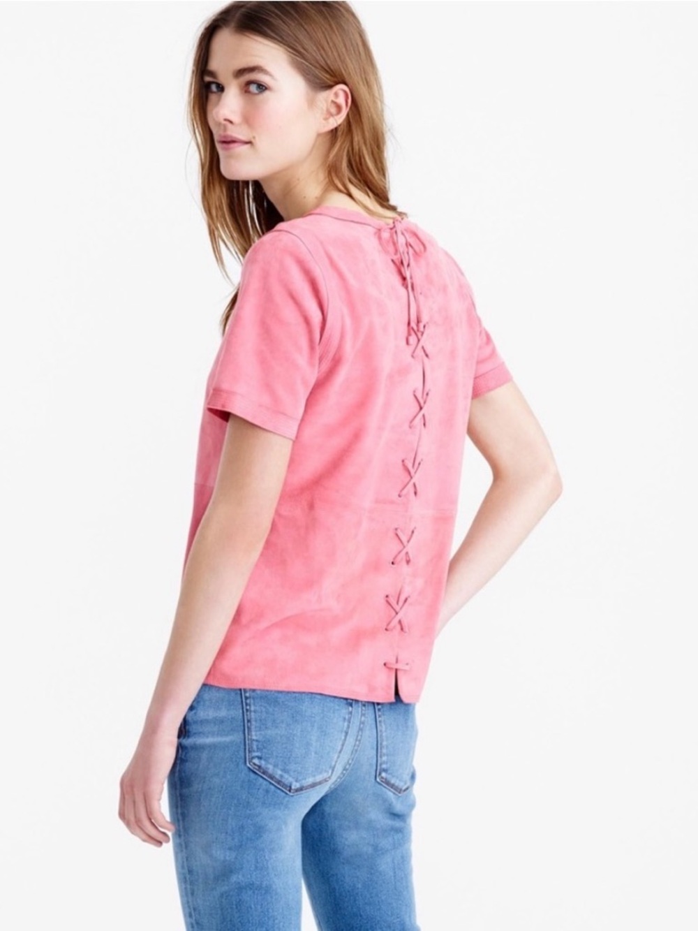 J. Crew Pink Soft Suede Short-Sleeve Lace-Up Back Top